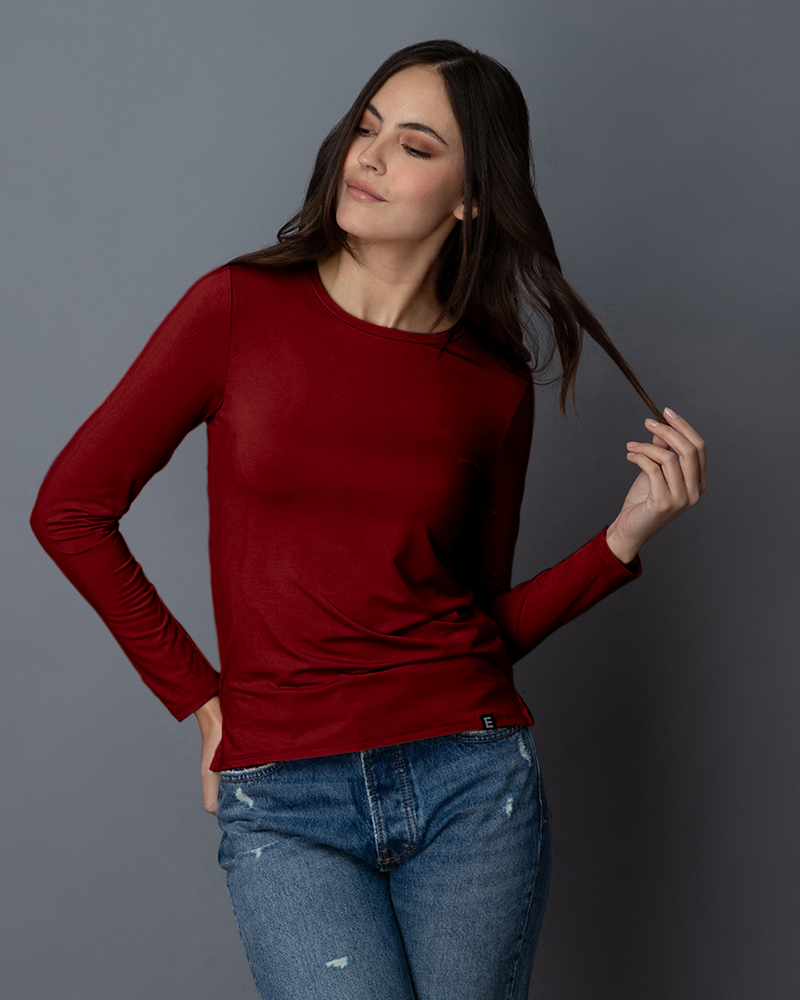 Playera de Bambú Manga Larga Mujer Color Rojo - Bamboo Silk - Elementa ropa de bambú en México - Ropa cómoda para mujer ,  ropa sustentable para mujer.